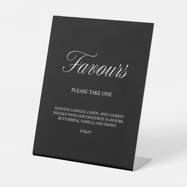 Elegant Script Favours Formal Black Wedding Pedestal Sign (Front)