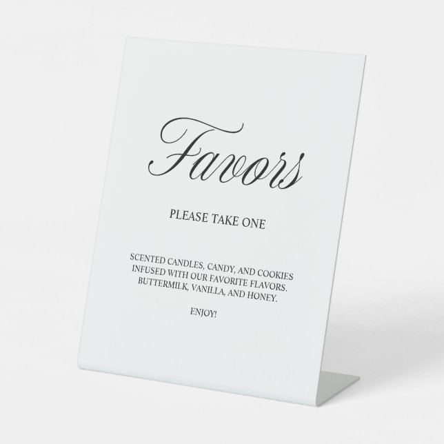 Elegant Script Favours Formal White Wedding Pedestal Sign (Front)