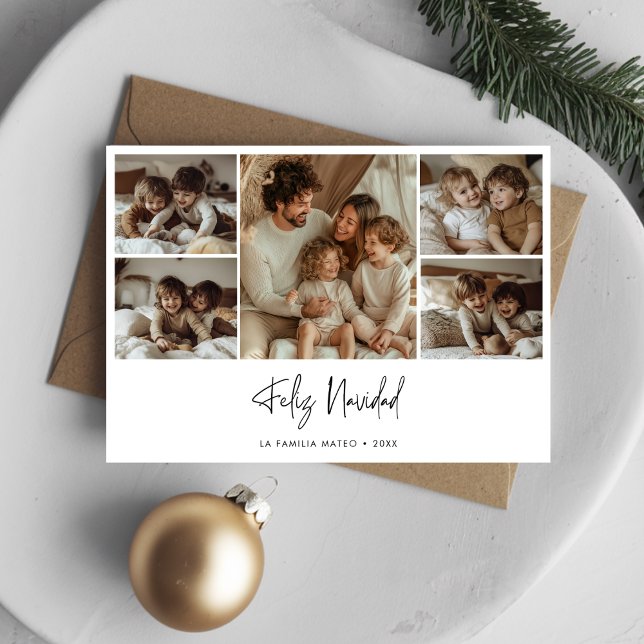 Elegant Script Feliz Navidad Christmas 5 Photo Red Holiday Card (Creator Uploaded)
