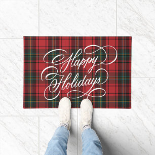 Elegant Script Festive Red Tartan Happy Holidays Doormat