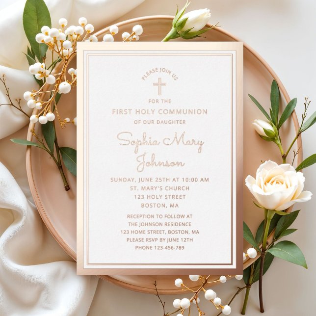 Elegant Script First Communion Rose Gold  (Elegant Script First Communion Rose Gold Foil Invitation)
