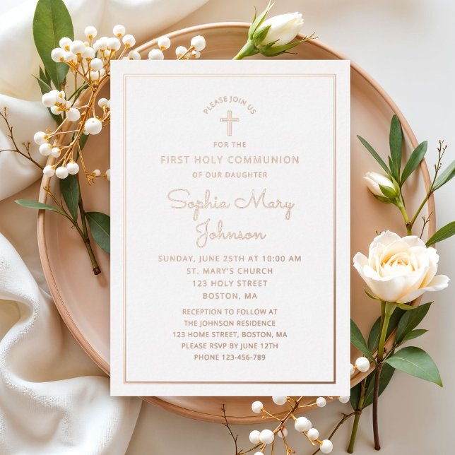 Elegant Script First Communion Rose Gold (Elegant Script First Communion Rose Gold Foil Invitation)