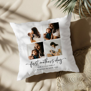 Elegant Script First Mothers Day 5 Photo Collage Cushion