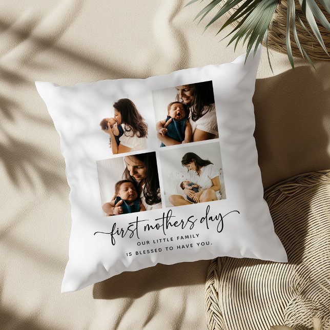 Elegant Script First Mothers Day 5 Photo Collage Cushion (Creator Uploaded)