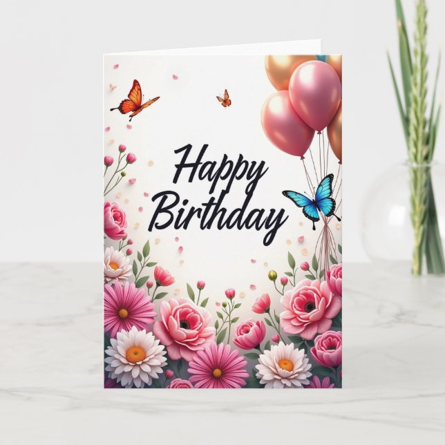 Elegant Script Floral Birthday Card (Front)
