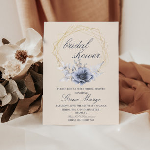 Elegant Script Floral Blue Beige Bridal Shower Invitation