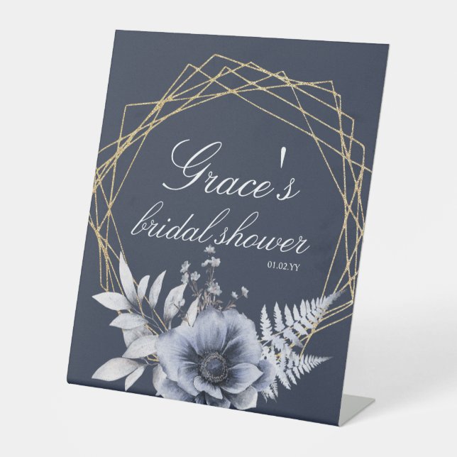 Elegant Script Floral Dusty Blue Bridal Shower   Pedestal Sign (Front)