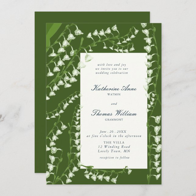 Elegant Script Floral Frame Lily Valley Wedding Invitation (Front/Back)