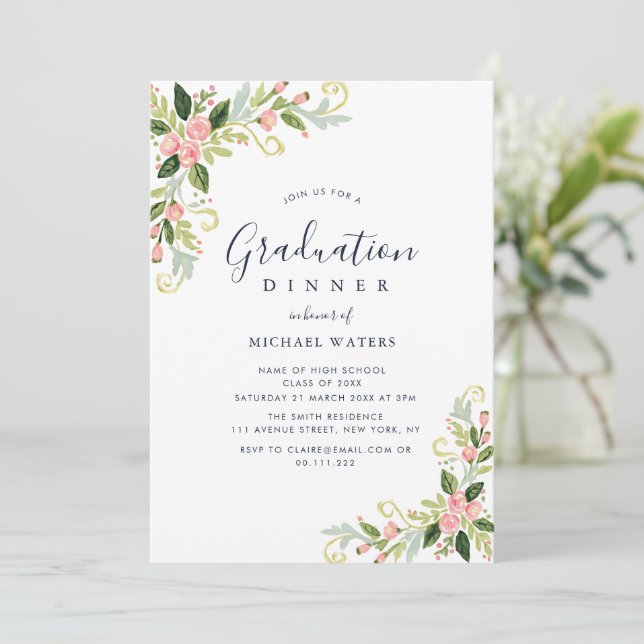 Elegant script floral graduation dinner invitation (Standing Front)