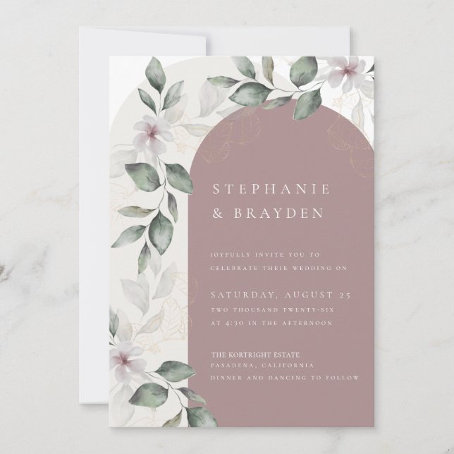 Elegant Script Floral Pink Arch Wedding Invitation (Front)