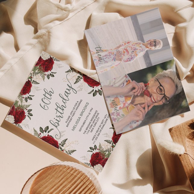 Elegant Script Floral Red Rose Photo 60th Birthday Invitation (Creator Uploaded)