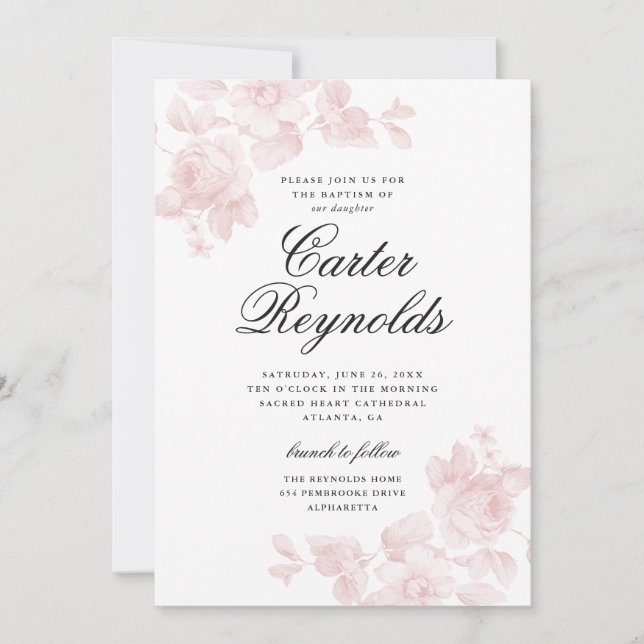 Elegant Script Floral Religious Baptism Invitation (Front)