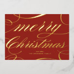 Elegant Script Flourish Red Merry Christmas Foil Holiday Card<br><div class="desc">Merry Christmas! Send your holiday greetings to family and friends with this customisable Christmas card. It features an elegant script with flourish accents on a red background. Personalise by adding your details. This gold foil Christmas card is available in other colours and cardstock, perfect as a business and personal Christmas...</div>