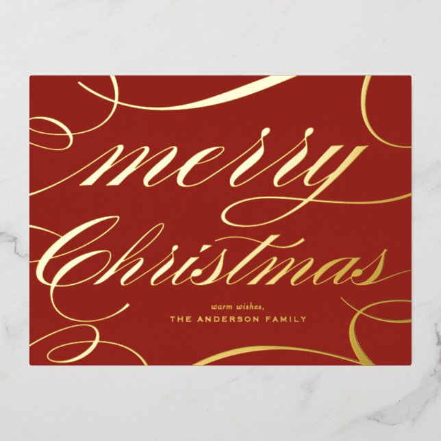 Elegant Script Flourish Red Merry Christmas Foil Holiday Postcard (Front)