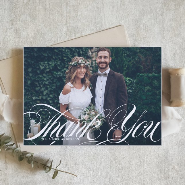 Elegant Script Flourish White Photo Wedding Thank You Card (Creator Uploaded)