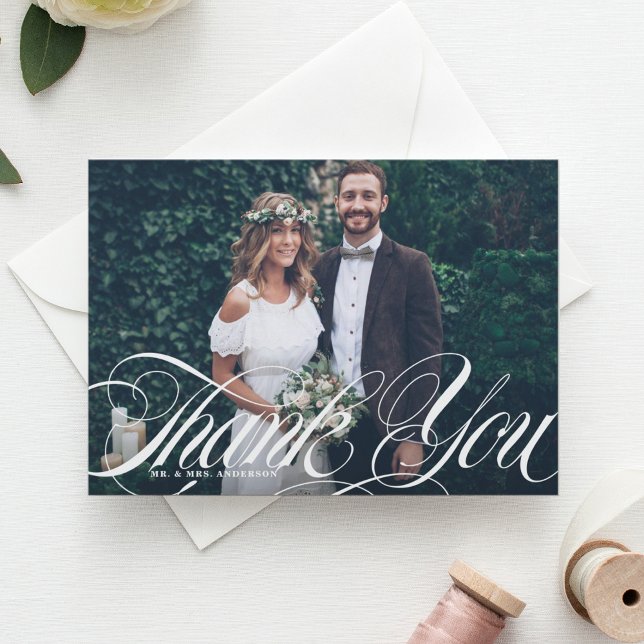 Elegant Script Flourish White Photo Wedding Thank You Card (Creator Uploaded)