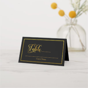 Elegant Script Flourishes Black & Gold Wedding Place Card