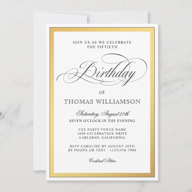 Elegant Script Flourishes Gold Fiftieth Birthday Invitation (Front)