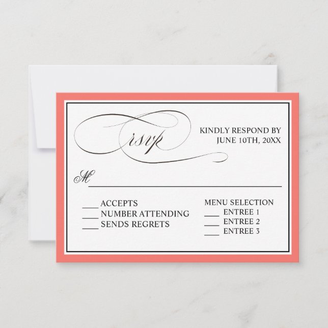 Elegant Script Flourishes RSVP with Coral Border Card (Front)