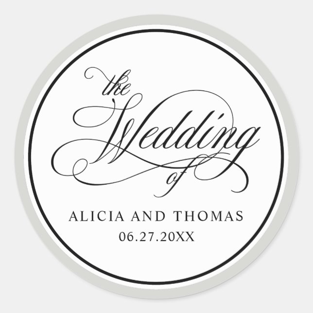 Elegant Script Flourishes Wedding Favours Classic Round Sticker (Front)