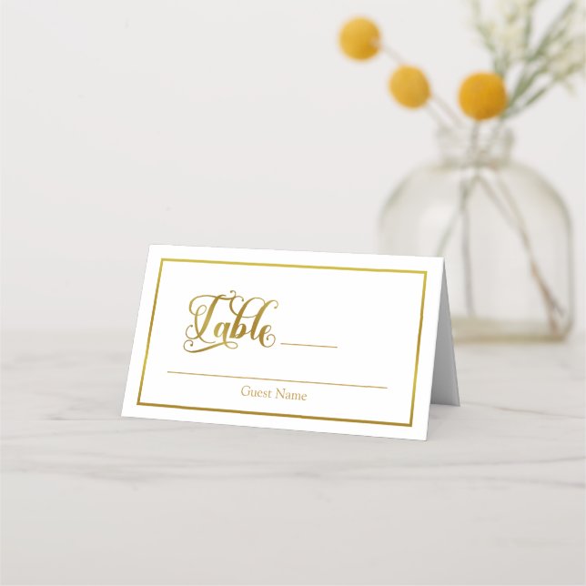Elegant Script Flourishes White & Gold Wedding Place Card (Front)