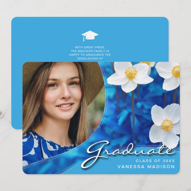 Elegant Script Flowers Blue | Modern Photo Grad Announcement (Front/Back)