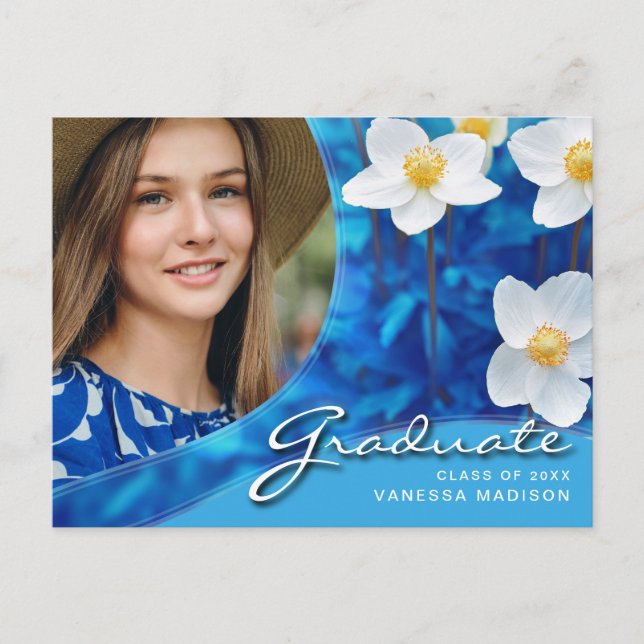 Elegant Script Flowers Blue | Modern Photo Grad Postcard (Front)