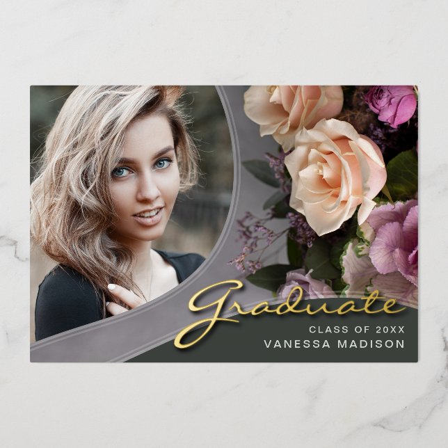 Elegant Script Flowers | Modern Photo Grad Card (Front)