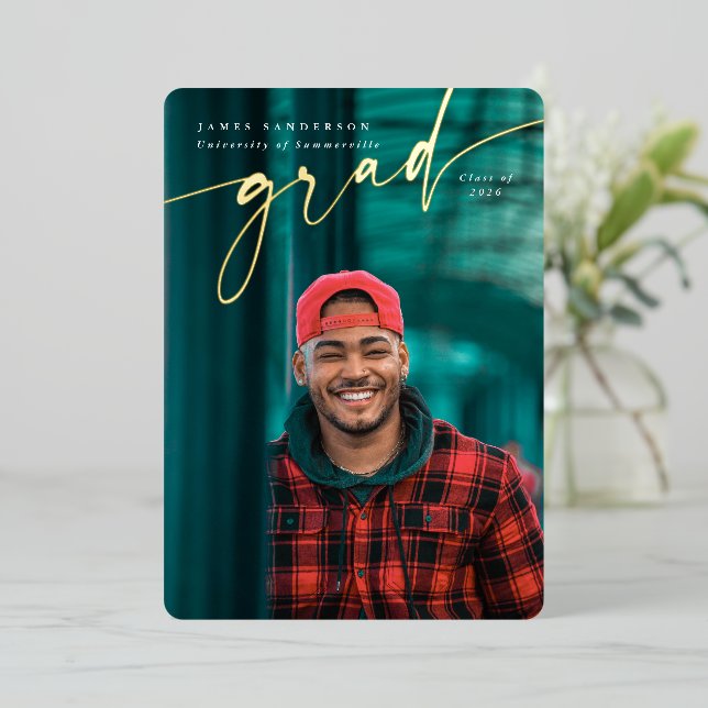 Elegant Script Foil Graduation Photo Announcement (Standing Front)