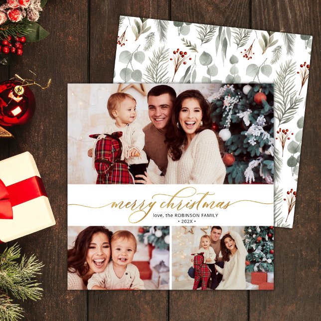 Elegant Script Foliage 3 Multi Photo Christmas Holiday Card (Creator Uploaded)