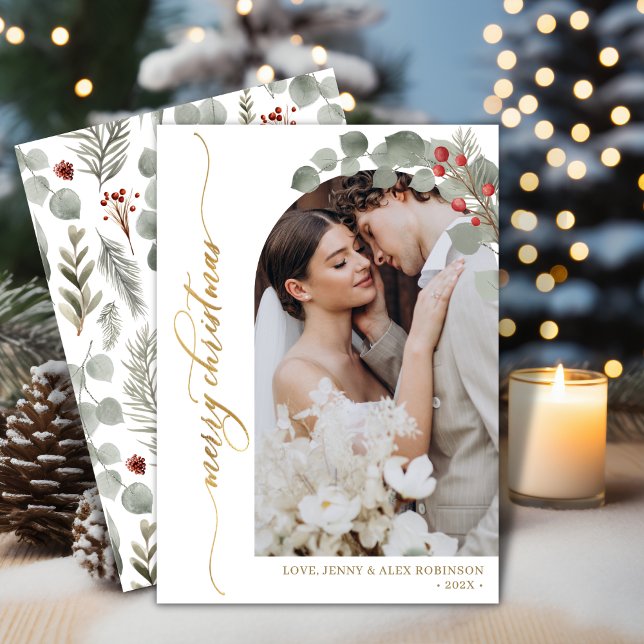 Elegant Script Foliage Photo Arch Christmas  Holid Holiday Card (Creator Uploaded)