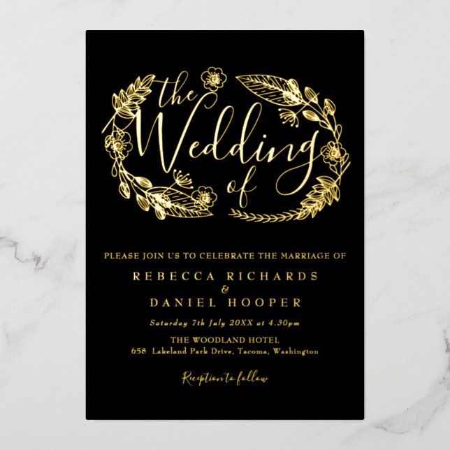 Elegant Script Foliage Wedding Black And Gold Foil (Front)