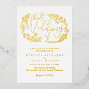 Elegant Script Foliage Wedding Gold Foil Invitatio