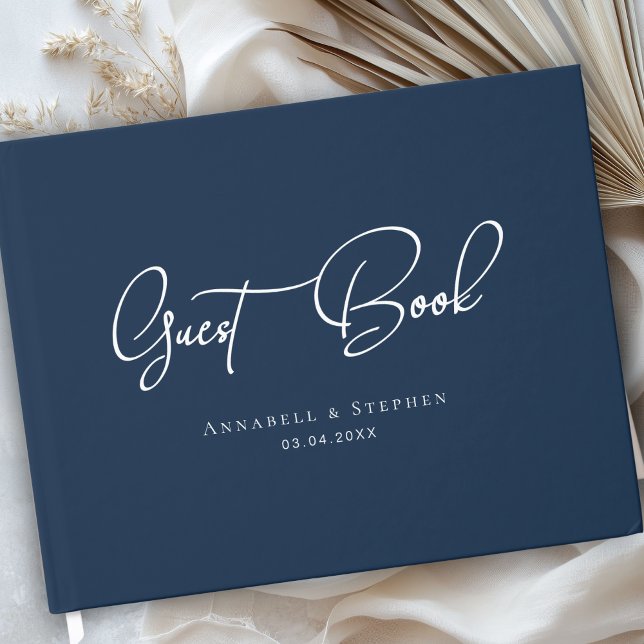 Elegant Script Font Blue Wedding  Guest Book (Elegant Script Font Blue Wedding Custom Guest Book)