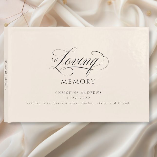 Elegant, Script Font "In Loving Memory" Funeral Guest Book (Elegant, Script Font "In Loving Memory" Beige Funeral Guest Book.)