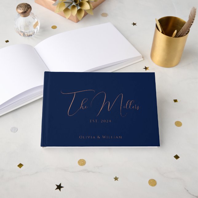 Elegant Script Font Navy & Rose Gold Wedding Foil Guest Book (Front Open)