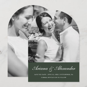 Elegant Script Forest Green Arch Photo Wedding Save The Date