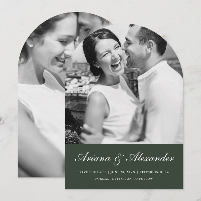 Elegant Script Forest Green Arch Photo Wedding Save The Date (Front/Back)