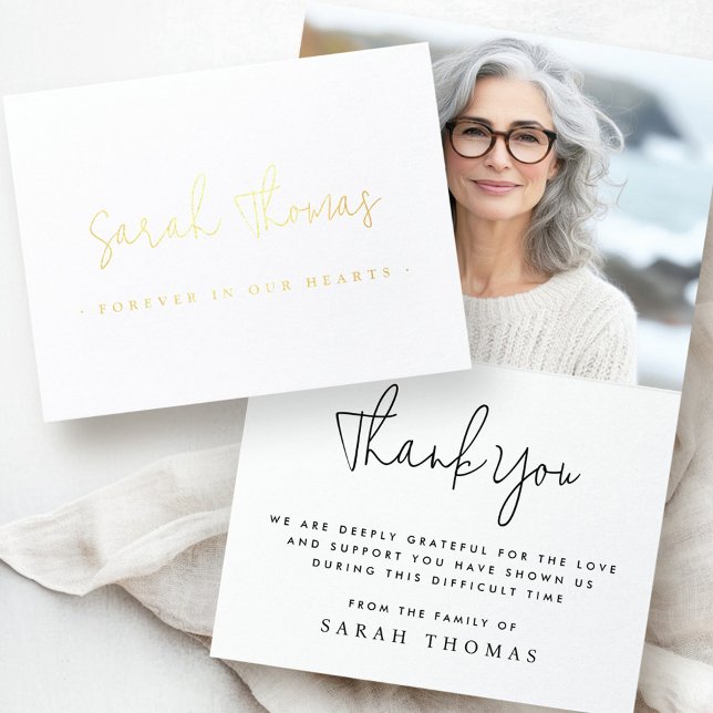 Elegant script forever in our hearts funeral photo foil card (Elegant script forever in our hearts funeral photo foil card)