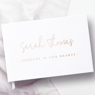 Elegant script forever in our hearts funeral white guest book