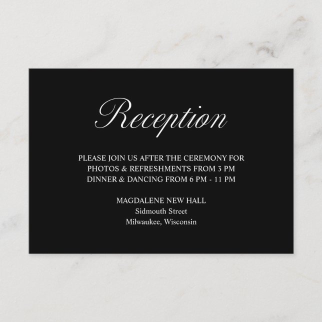 Elegant Script Formal Black Wedding Reception Enclosure Card (Front)