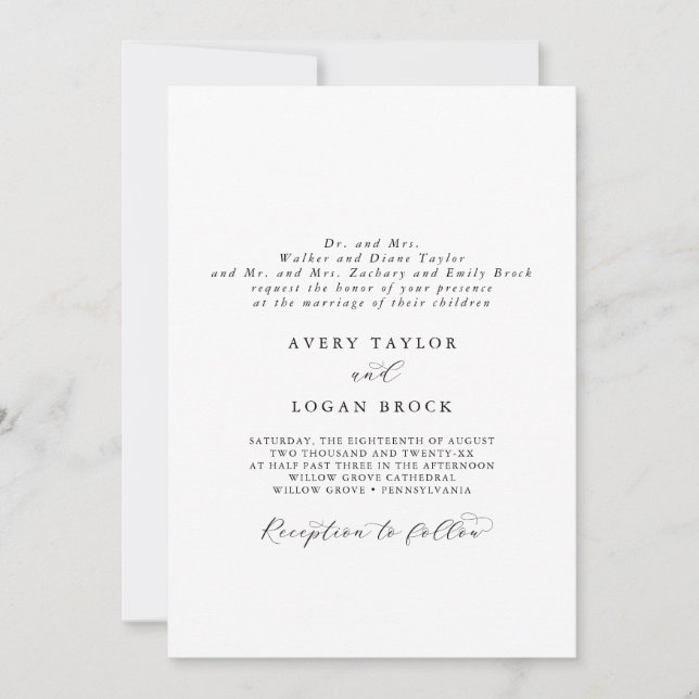 Elegant Script Formal Both Parents Hosting Wedding Invitation (Front)