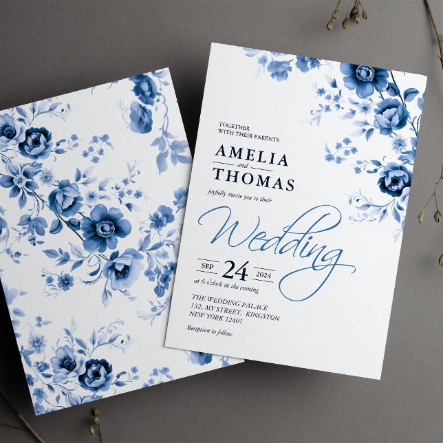 Elegant Script French Blue Floral Toile Wedding  Invitation (Creator Uploaded)