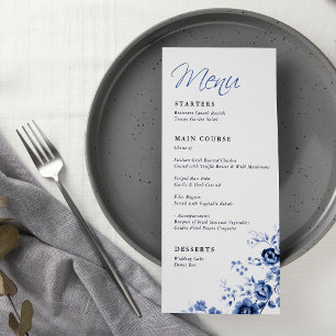 Elegant Script French Blue Floral Toile Wedding  Menu