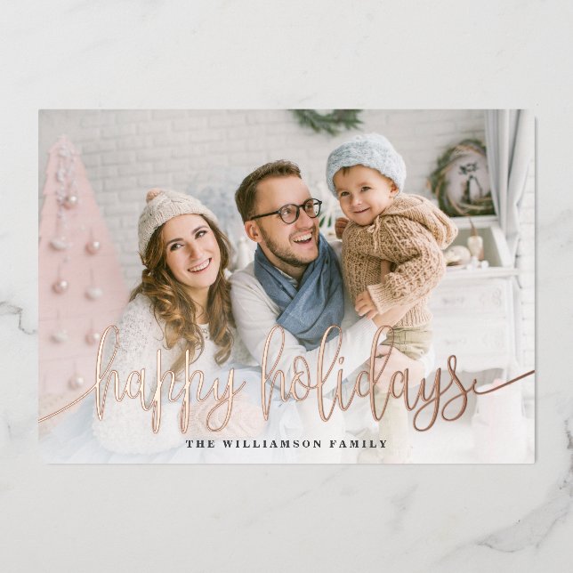 Elegant Script Full Photo Happy Holidays Christmas Foil Holiday Card (Front)