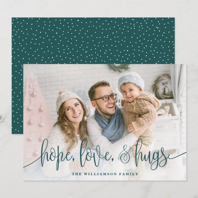 Elegant Script Full Photo Hope Love Hugs Green Holiday Card (Front/Back)