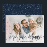 Elegant Script Full Photo Hope Love Hugs Navy Holiday Card<br><div class="desc">Send love this season to your family and friends with these modern styled cards by Orabella Prints. Elegant text overlay reads, "hope, love, & hugs" in navy blue over a white gradient overlay on the bottom of the card. The back features tiny white snow dots over a navy blue background,...</div>