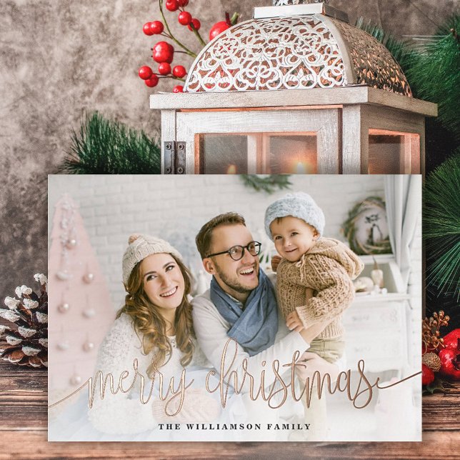 Elegant Script Full Photo Merry Christmas Foil Holiday Card (Creator Uploaded)
