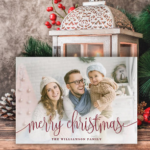 Elegant Script Full Photo Merry Christmas Red Holiday Card
