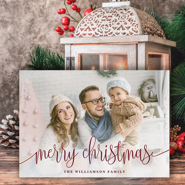 Elegant Script Full Photo Merry Christmas Red Holiday Card (Creator Uploaded)